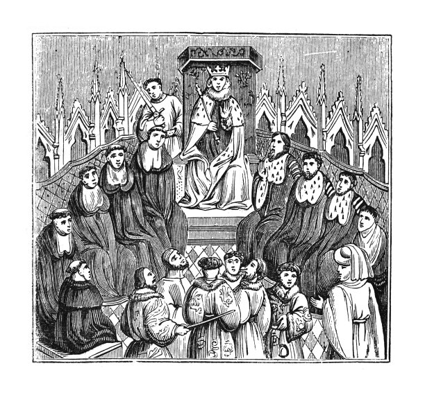 中世纪国王和他的枢密院-古董雕刻插图图片下载