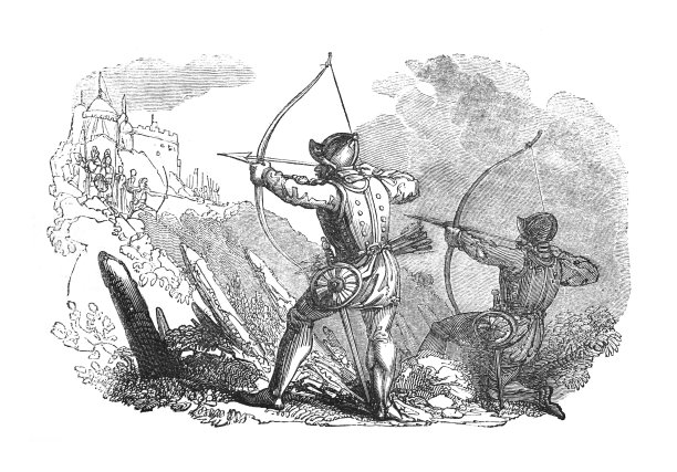 中世纪长弓弓箭手-古董雕刻插图图片下载