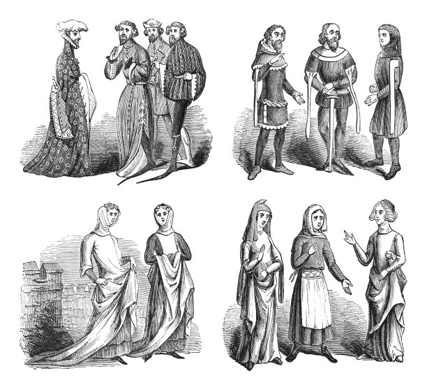 中世纪英国传统女性和男性服装(1189年至1327年)-古着雕刻插图图片下载
