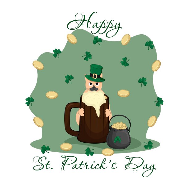 手绘了圣帕特里克节快乐的矢量插图。插图有戴绿帽子的红猫，硬币和三叶草图片下载