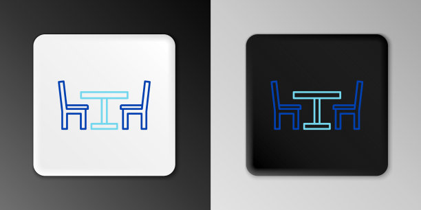 线条木桌子与椅子图标隔离在灰色上图片下载