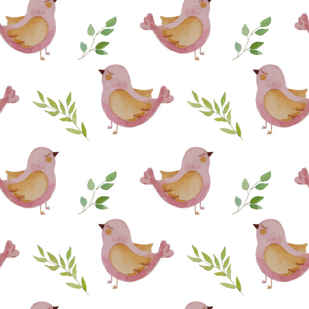 粉红色水彩小鸟和绿色树枝的无缝图案图片下载