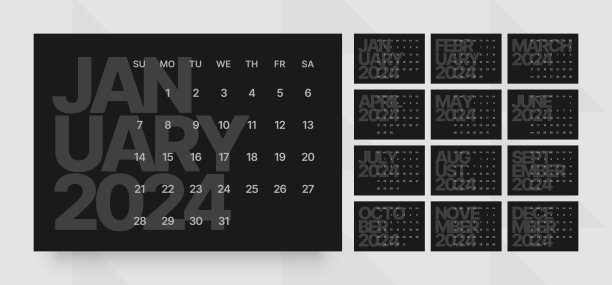 2024年的月历。周日开始。图片下载