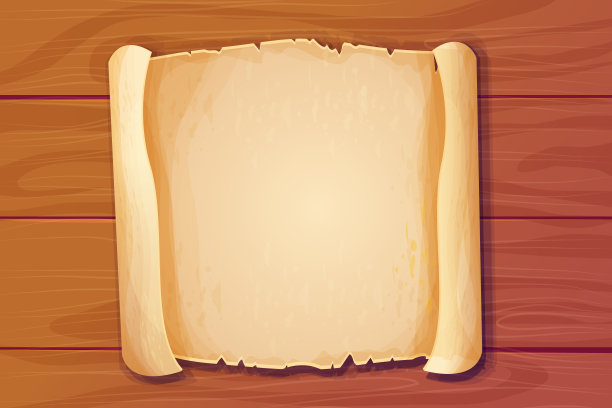 卡通风格的带有羊皮纸卷轴的木制桌子俯视图。古董文件，空白页。矢量素材图片下载