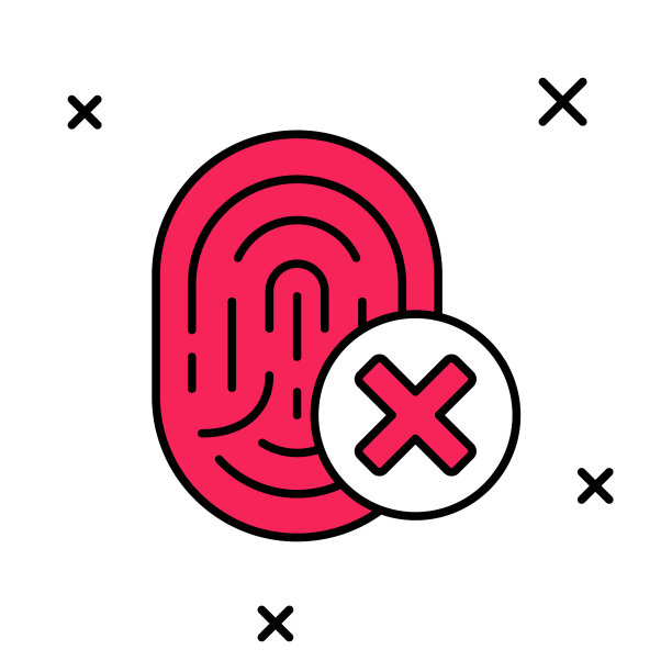 已填充轮廓取消指纹图标隔离在白色背景。用户概念拒绝访问。错误,欺诈。识别标志。触摸id。向量图片下载