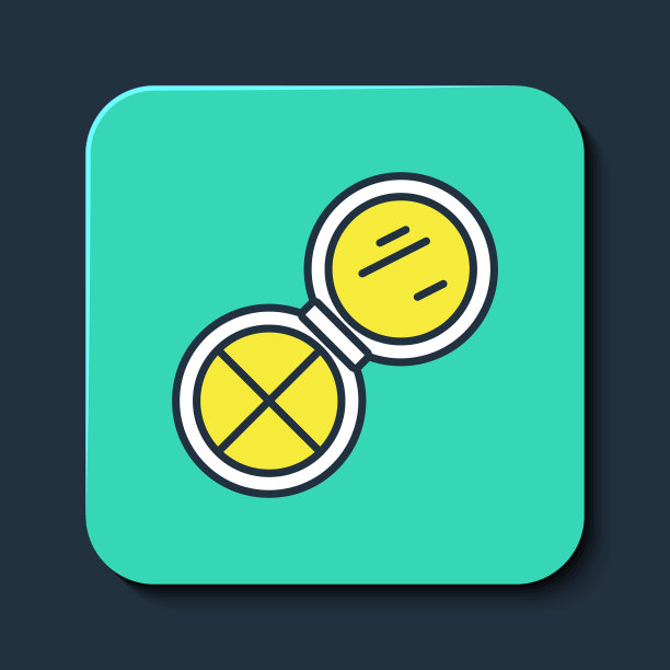 填充轮廓化妆粉与镜子图标隔离在蓝色背景。绿松石方形纽扣。向量图片下载