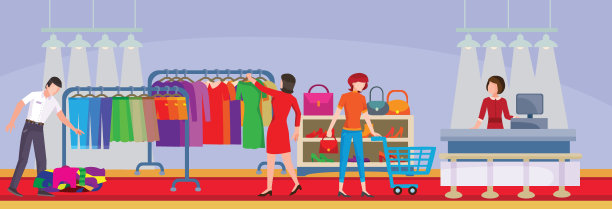 人们走进商店，在商品之间挑选衣服，白色背景上的平面孤立物体，矢量插图，图片下载