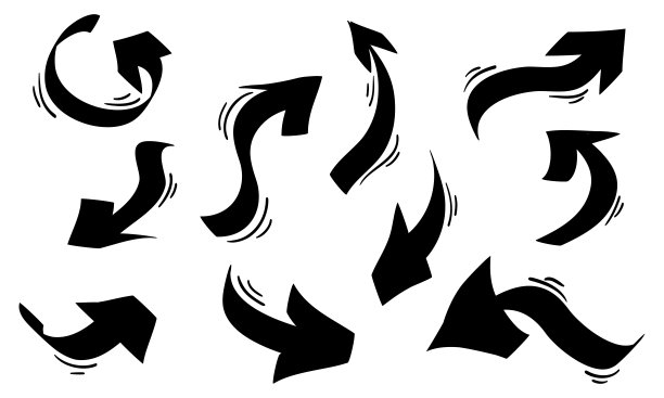 手绘黑色箭头图标集。箭头图标与各种方向。涂鸦矢量插图。孤立在白色背景上。图片下载