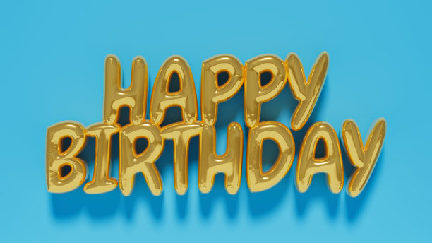 金色生日快乐文本浅蓝色背景，祝贺主题，3d渲染图片下载