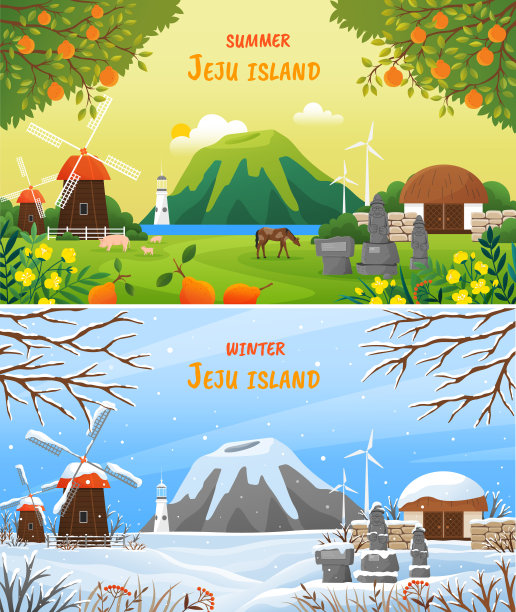 欢迎来到韩国济州岛明信片。夏季和冬季旅游地景观图片下载