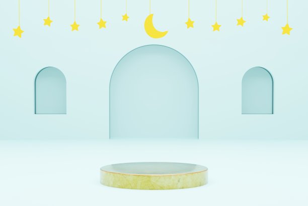 3d平台金色纹理与蓝色天空背景星星和新月金色，斋月卡里姆，开斋节和伊斯兰教的概念。三维插图绘制图片下载