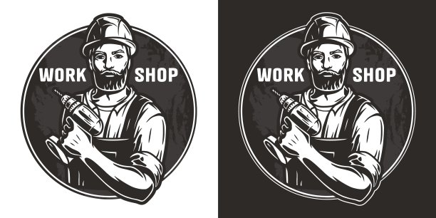 长胡子的木匠，是木工或修理的象征。木工，手持电动螺丝刀图片下载