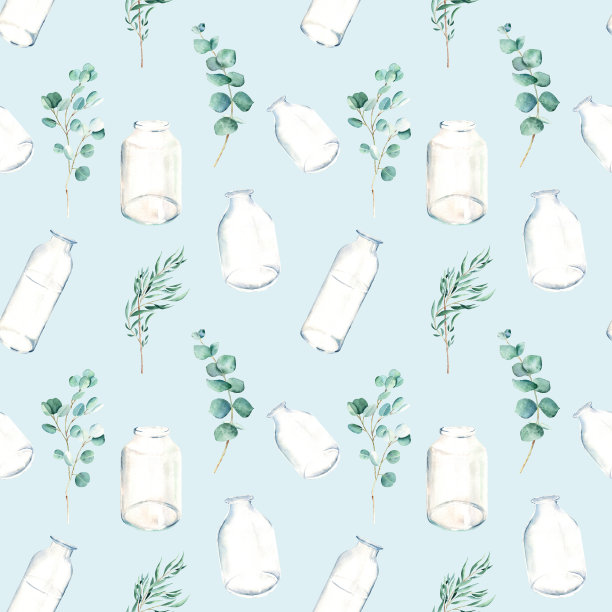无缝水彩模式与桉树树枝，花瓶，罐子在蓝色背景。可用于礼品包装纸、厨房纺织品和织物印花。图片下载