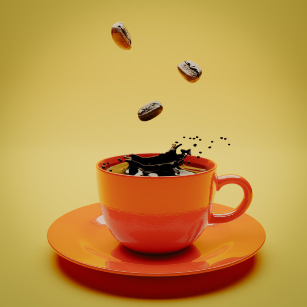 红杯黑咖啡的3D插图渲染与咖啡飞溅和咖啡豆在黄色背景图片下载