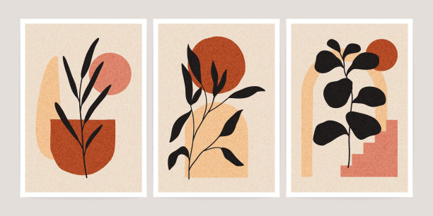 波西米亚当代海报。现代世纪中叶植物艺术版画，枝叶剪影几何形状。向量组图片下载