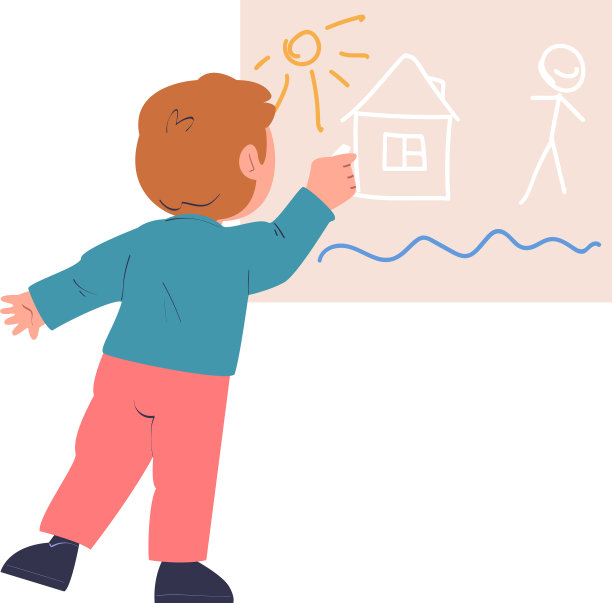 小男孩正在用粉笔在墙上画画图片下载