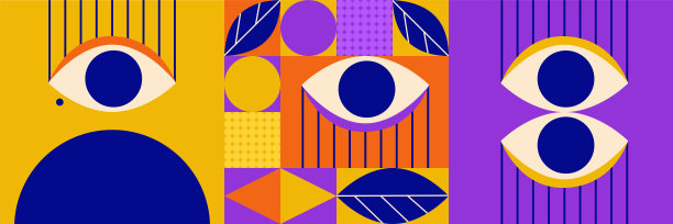 包豪斯几何眼艺术海报套装。有眼睛、圆圈、叶子的图形形状海报。包豪斯立体主义模板。矢量插图。最小的图形封面图片下载