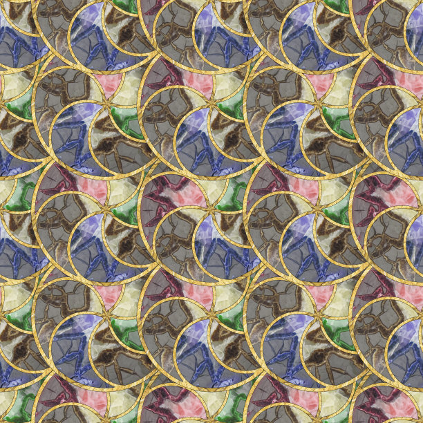 窗饰无缝模式。圆,段。马赛克，插图在彩色玻璃风格。无缝混沌图案壁纸，纺织印花，瓷砖。装饰性的小叶波。东方模式图片下载