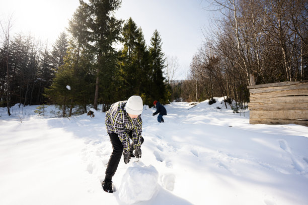 两个快乐的男孩一起雕刻雪人的雪球。兄弟们在冬天的雪地里在户外玩耍。图片下载