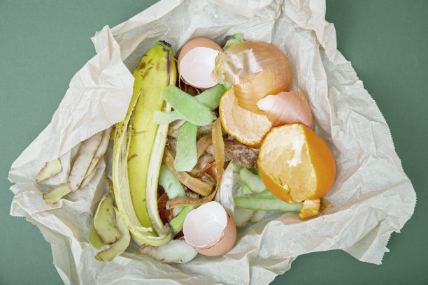 蔬菜、水果和蛋壳的剥皮堆肥在绿色背景的牛皮纸上。无浪费消费理念，环保生活方式。从上面看。图片下载