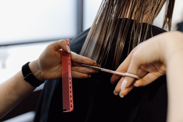 裁剪照片的女美容师修剪长湿头发的客户与剪刀，手持梳子在美容院。图片下载
