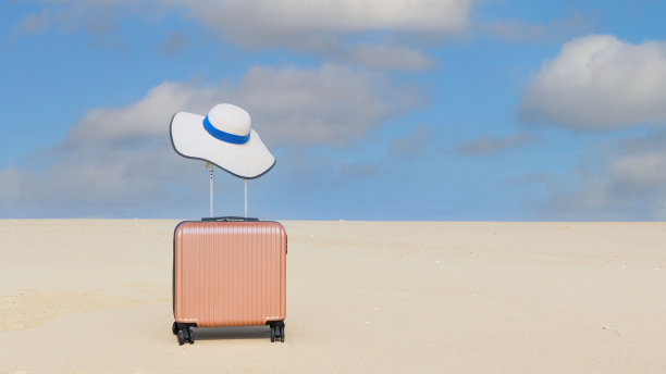 沙滩上的橙色行李箱——夏日旅游概念图片下载