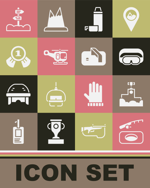 设置冬季钓鱼，获奖者领奖台，滑雪护目镜，保温瓶容器，救援直升机，奖章，道路交通路标和冰球目标图标。向量图片下载