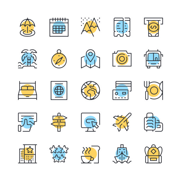 旅行线路图标。度假图标集。黑色、蓝色和黄色。现代线性轮廓图形设计。矢量线图标集图片下载