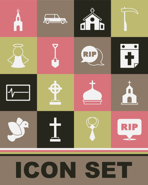 设置语音泡泡撕裂死亡，教堂建筑，日历，铲子，天使和图标。向量图片下载