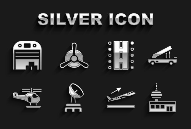 设置雷达，乘客梯，机场控制塔，飞机起飞，直升机，跑道，机库和螺旋桨图标。向量图片下载