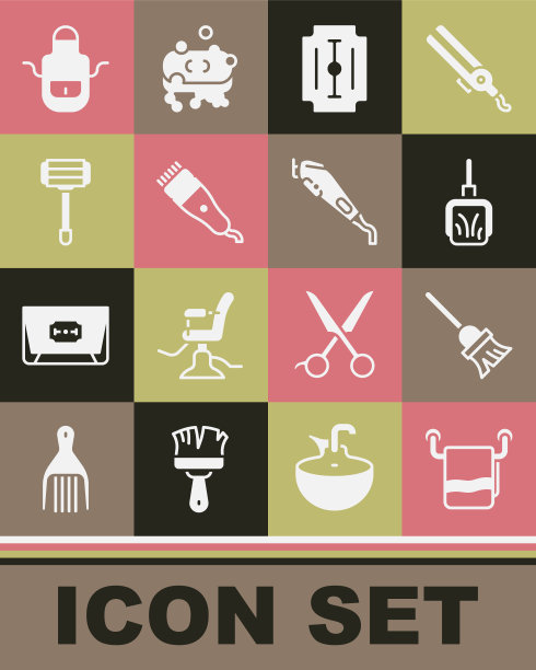 设置毛巾在衣架，拖把，簸箕，刀片剃须刀，电动理发剪，剃须，理发师围裙和图标。向量图片下载