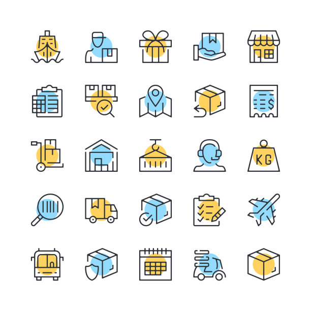 物流线图标。交付图标集。黑色、蓝色和黄色。现代线性轮廓图形设计。矢量线图标集图片下载