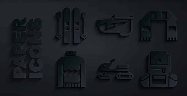 集雪地车，冬季围巾，圣诞毛衣，徒步旅行背包，冬季两项步枪和滑雪棍图标。向量图片下载