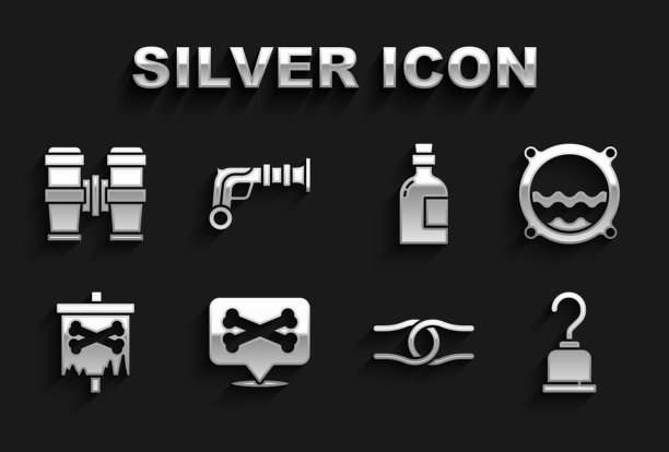 设置位置海盗，船舷窗与海景，海盗钩，绳系在结，旗帜，酒精饮料朗姆酒，双筒望远镜和古董手枪图标。向量图片下载