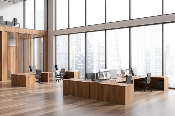 办公室内部设有共享办公和会议角，靠近全景窗图片下载