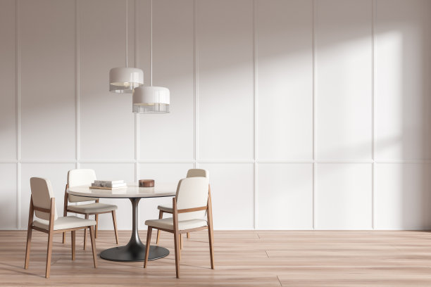 时尚的客厅内饰有餐桌和座椅，空造型墙图片下载