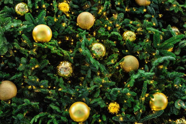 圣诞图案用绿色的树枝松针照亮，金色的球。圣诞假期抽象明亮的背景图片下载