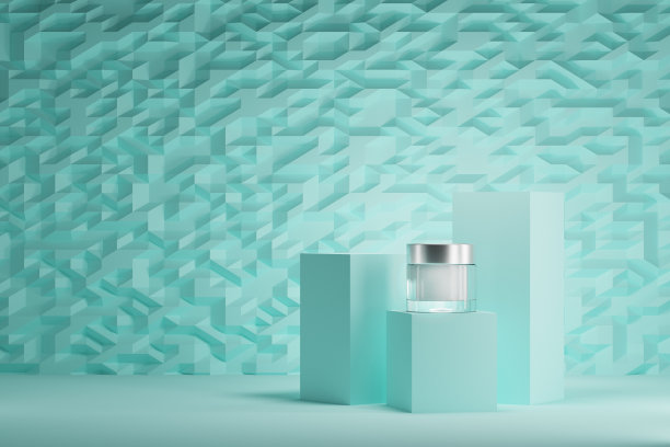 绿色讲台上的玻璃奶油容器。三维渲染图片下载