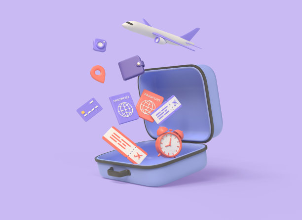 3d打开行李箱，机票，钱包，信用卡，护照。旅游理念。暑假计划。插图孤立在紫色背景上。三维渲染图片下载