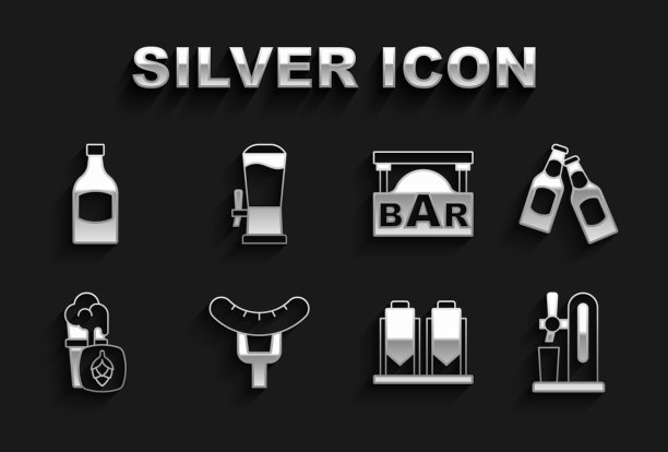 设置香肠在叉子，啤酒瓶，水龙头与玻璃，酿造过程，啤酒的杯子，街道招牌酒吧，和图标。向量图片下载