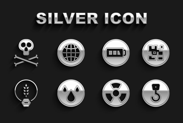 设置水滴，二维码，工业钩，放射性，无谷蛋白谷物，电池，骨头和头骨警告和社交网络图标。向量图片下载