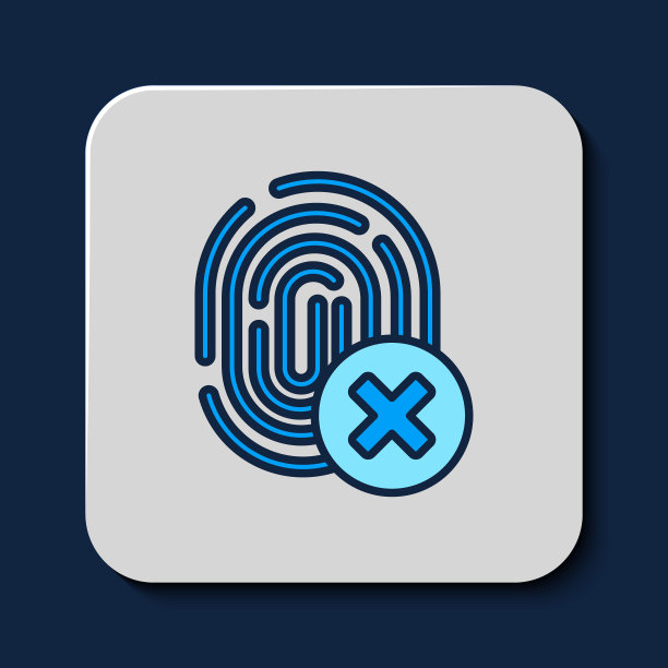 已填充轮廓取消指纹图标隔离在蓝色背景。用户概念拒绝访问。错误,欺诈。识别标志。触摸id。向量图片下载