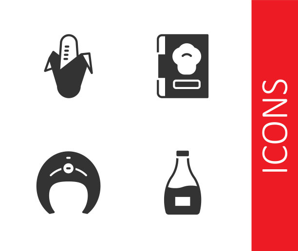 设置酱瓶，玉米，鱼排和食谱图标。向量图片下载