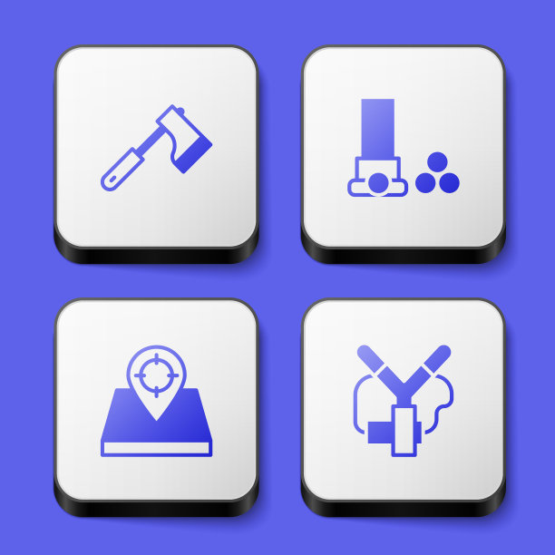 设置木斧，弹药，狩猎地点和弹弓图标。白色方形按钮。向量图片下载