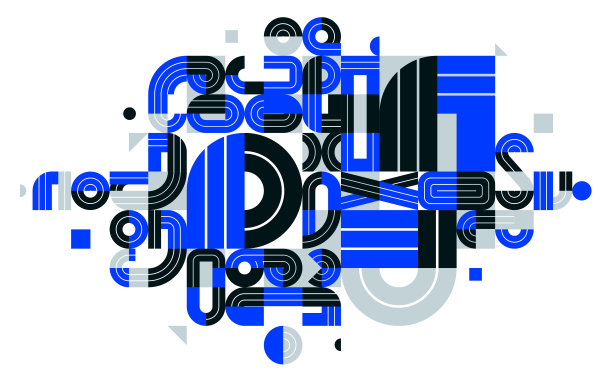 动态凌乱的抽象矢量设计构成，蓝色极简线条的现代艺术，时尚的几何元素，孤立于白色之上。图片下载