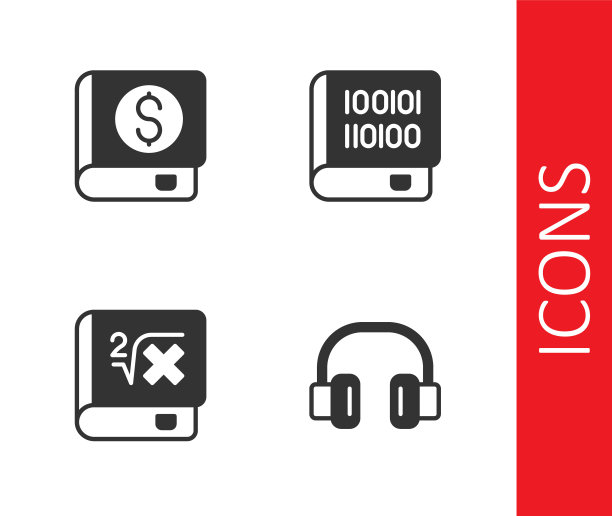 设置耳机，金融书籍，书籍与数学和有关编程图标。向量图片下载