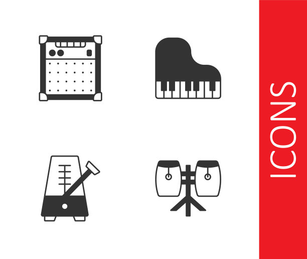 设置康加鼓，吉他放大器，节拍器与摆和三角钢琴图标。向量图片下载