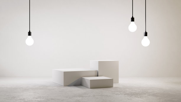 白色立方体讲台与灯泡，讲台的设计和产品图片下载