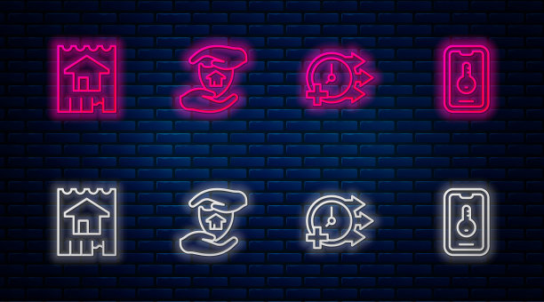 设置线房子与盾，时钟，和在线房地产。砖墙上发光的霓虹灯图标。向量图片下载