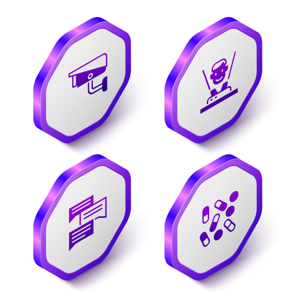设置等距安全摄像头，全息图，语音泡泡聊天和药物生物黑客图标。紫色六角形扣子。向量图片下载